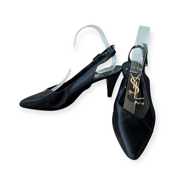 Yves Saint Laurent Vintage 80s Black Satin Slingback Pumps, Size 7 1/2 - Picture 2 of 16